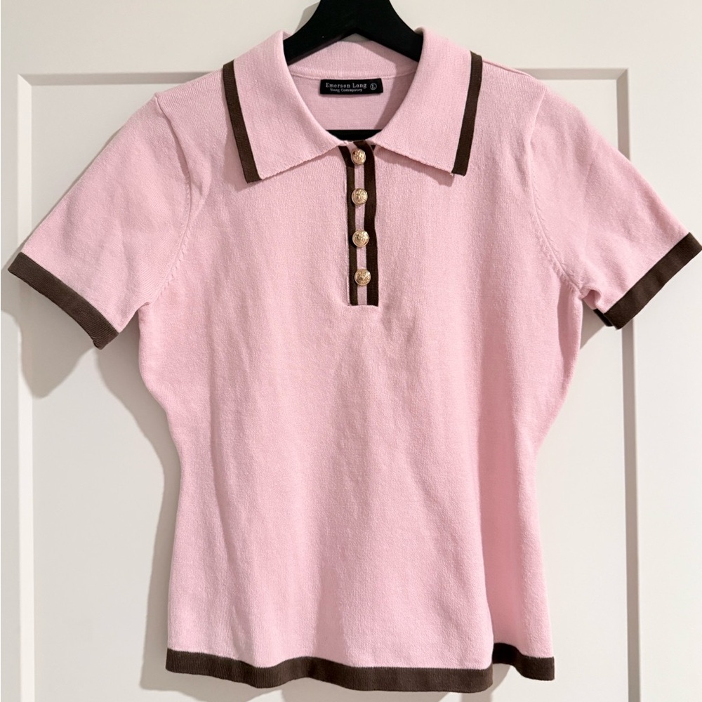 Pink and Brown knit sweater short sleeve half button